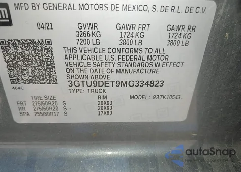 2021 GMC Sierra 1500 4Wd Short Box Slt из США, поврежденный, VIN 3GTU9DET9MG334823